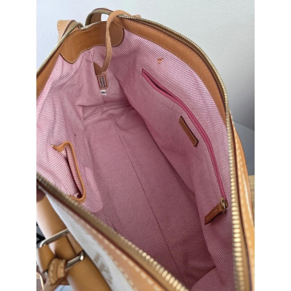 Dooney & Bourke Signature Monogram Canvas Satchel Tan Leather Trim Bag